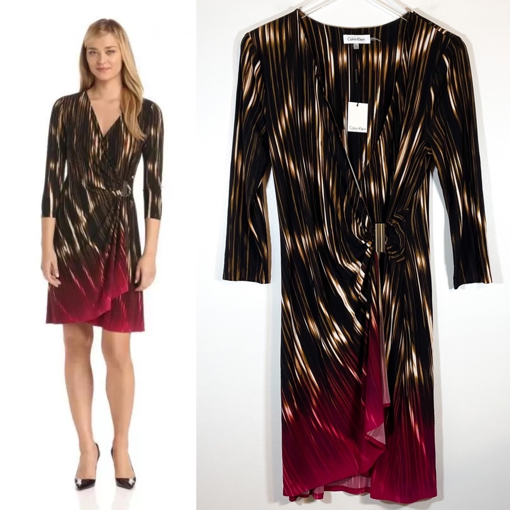 NWT Calvin Klein Ombre Print Drape Dress V Neck 3/4 Sleeve Brown Cranberry